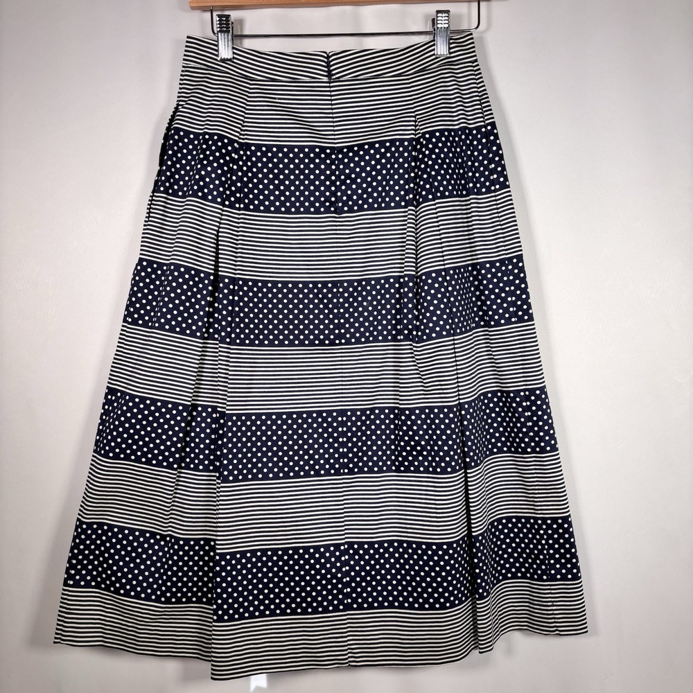 Boden Skirt Womens 4 Pleated Midi Polka Dot Striped Nautical Teacher Navy Blue - Picture 2 of 7